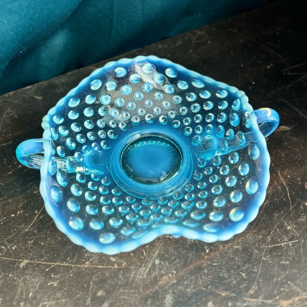 Fenton Blue Opalescent Handled Bon Bon Dish